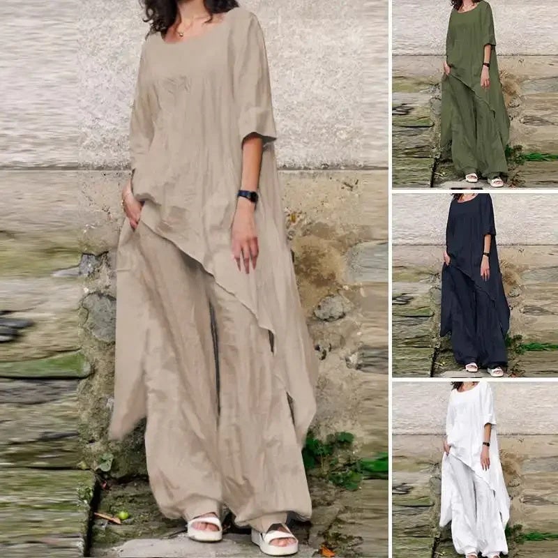 2026 Spring/Summer Casual Loose Top with Irregular Hem, Round Neck, 3/4 Sleeves, Cotton and Linen Set Shirt - Image 2