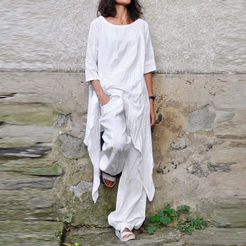 2026 Spring/Summer Casual Loose Top with Irregular Hem, Round Neck, 3/4 Sleeves, Cotton and Linen Set Shirt - Image 1