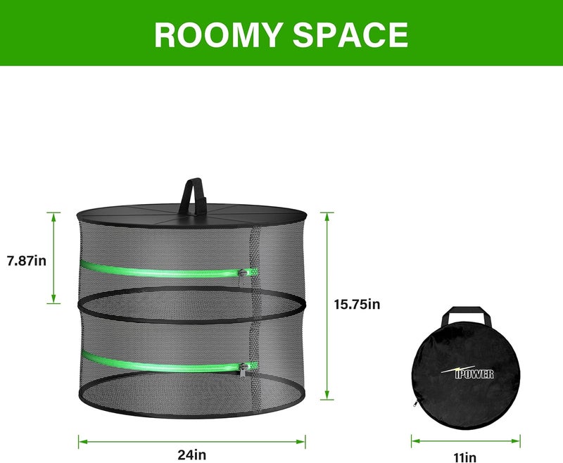 iPower 2ft 2Layer Foldable Herb Mesh Rack Hanging Drying Net with Zippers Heavy Duty Ring for Hydroponic Plant Free Storage Bag and Hook Included for Herbs Petals Plants Vegetables Fruits - Image 2