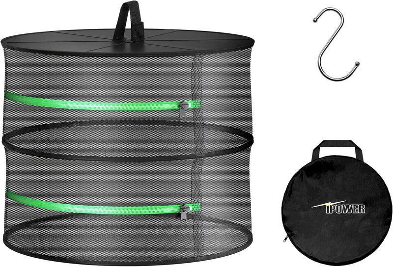 iPower 2ft 2Layer Foldable Herb Mesh Rack Hanging Drying Net with Zippers Heavy Duty Ring for Hydroponic Plant Free Storage Bag and Hook Included for Herbs Petals Plants Vegetables Fruits - Image 1