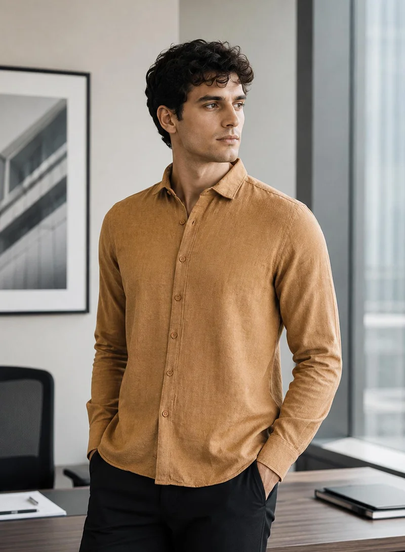CAHOOT Men's Brown Plain/Basic Regular Shirt For Casual Wear | Collared Neck | Long Sleeve | Button Closure | Polyester Shirt Crafted With Comfort Fit For Everyday Wear (3837)