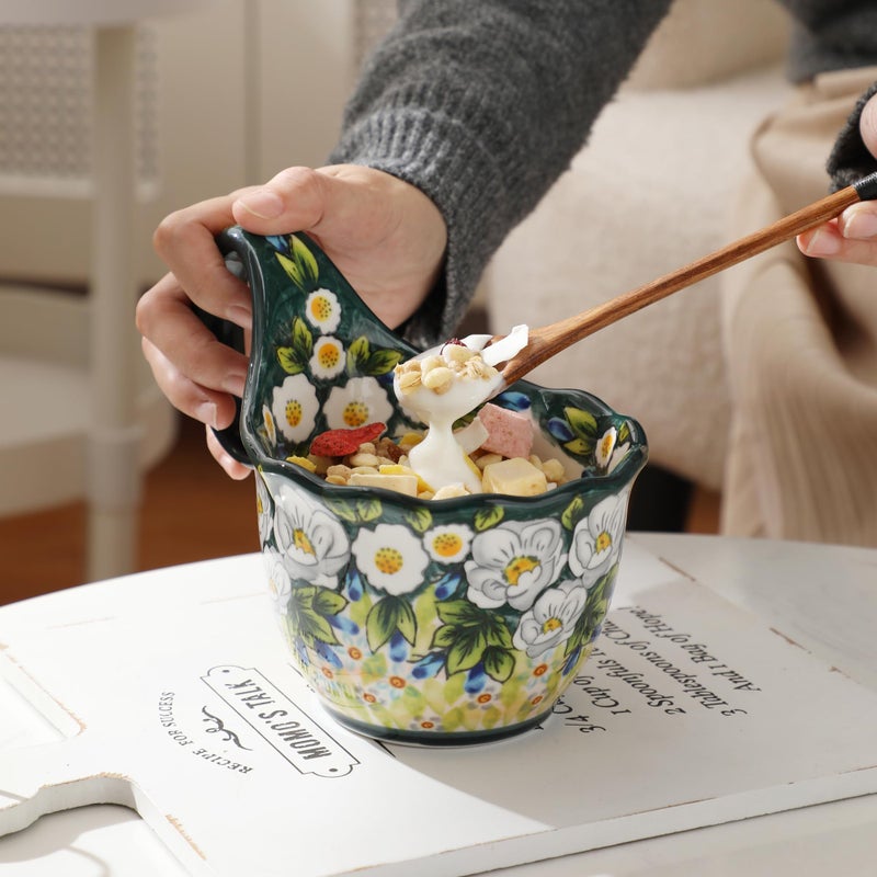ALMA 2025 Updated 18oz Soup Bowl Microwave Safe,Floral Green Soup Bowl with Loop Handle,Unique Cereal Bowl for Soup,Yogurt,Snack,Chip,Stew,Ice cream-Country Jasmine Theme - Image 4