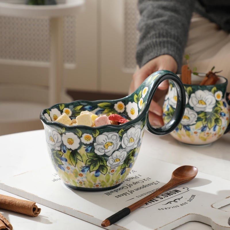 ALMA 2025 Updated 18oz Soup Bowl Microwave Safe,Floral Green Soup Bowl with Loop Handle,Unique Cereal Bowl for Soup,Yogurt,Snack,Chip,Stew,Ice cream-Country Jasmine Theme - Image 5