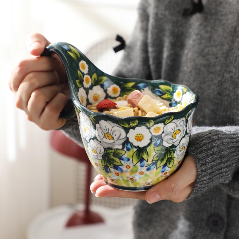 ALMA 2025 Updated 18oz Soup Bowl Microwave Safe,Floral Green Soup Bowl with Loop Handle,Unique Cereal Bowl for Soup,Yogurt,Snack,Chip,Stew,Ice cream-Country Jasmine Theme - Image 3