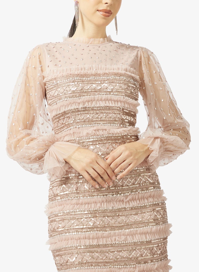 مايا فستان طويل من التول مزين بأكمام طويلة - Image 3