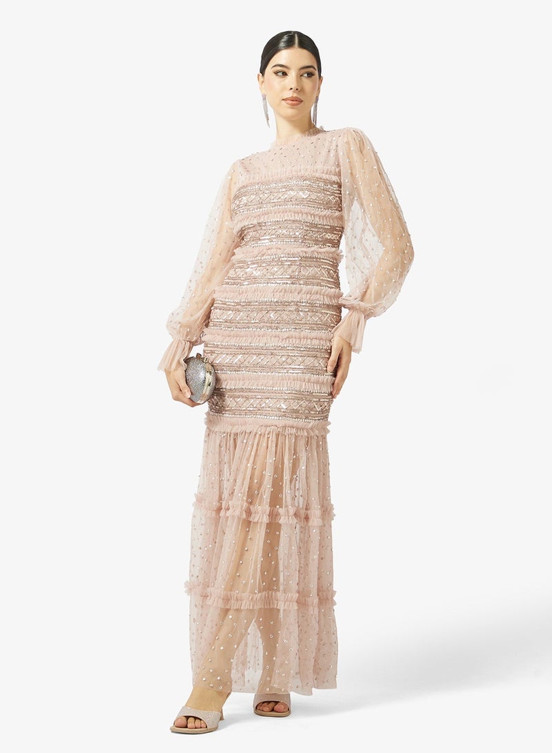 مايا فستان طويل من التول مزين بأكمام طويلة - Image 1