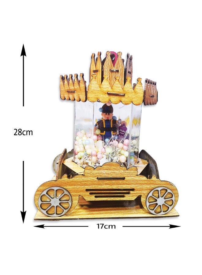 Ramadan Cart Decoration with Wooden Design, Musical & Light Up Medium Ramadan Display Stand 28×17 CM , Festive Table Decor for Sweets, Gifts & Ramadan Celebrations - Multicolour - Image 4