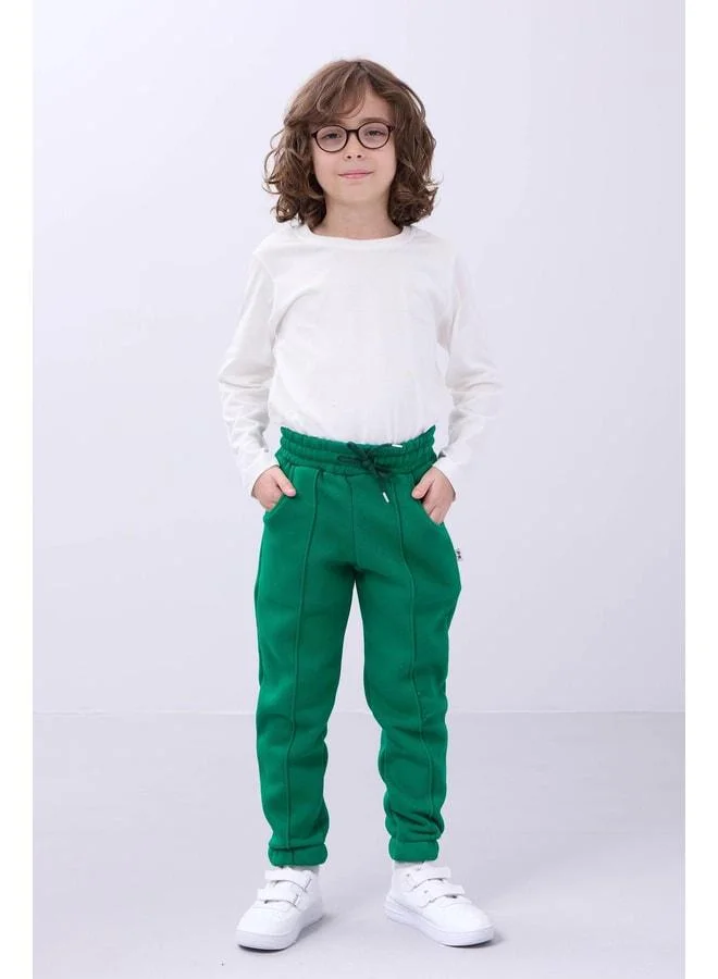Perendi Elastic Waist, Fleece-Lined, Pocketed, Comfortable Unisex Kids Sweatpants – Green.