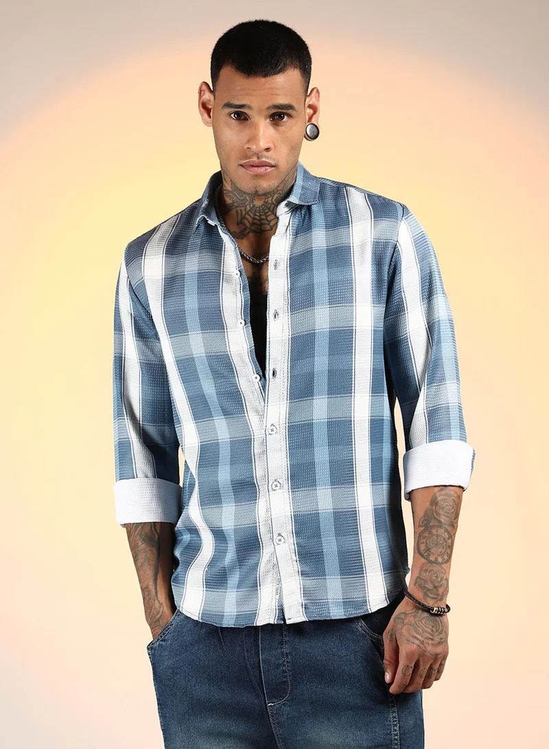 Campus Sutra Men's Steel Blue Tartan Plaid Shirt