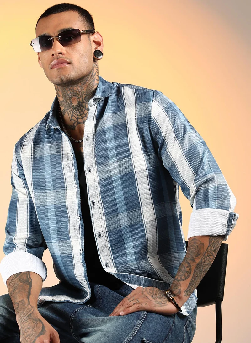 Campus Sutra Men's Steel Blue Tartan Plaid Shirt