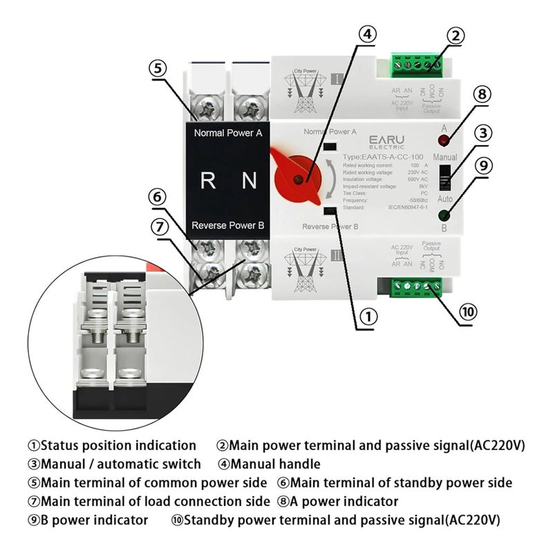 مفتاح التحويل التلقائي 2P 220V 100A قاطع دائرة غير منقطع لاختيار الطاقة - Image 5