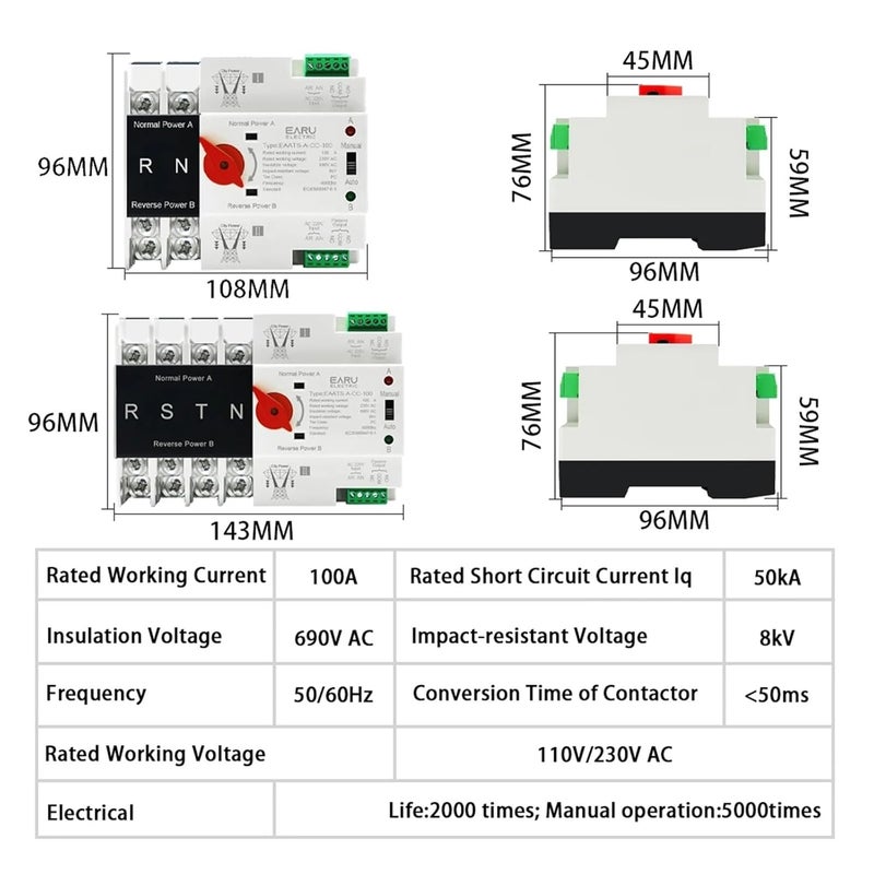 مفتاح التحويل التلقائي 2P 220V 100A قاطع دائرة غير منقطع لاختيار الطاقة - Image 3