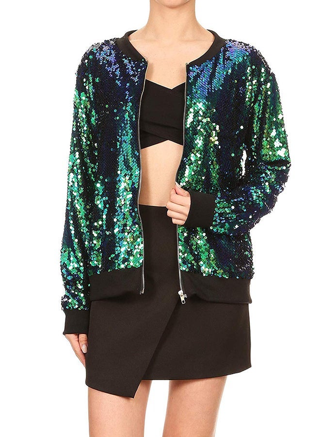 NIBEMINENT Long Sleeve Zipper Glitter Coat Green  - Image 1