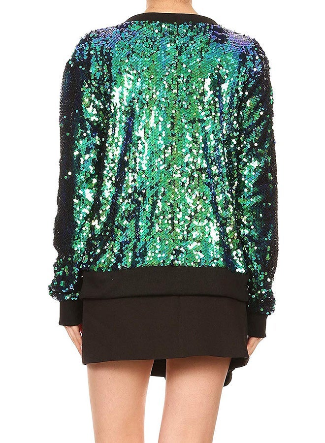 NIBEMINENT Long Sleeve Zipper Glitter Coat Green  - Image 2