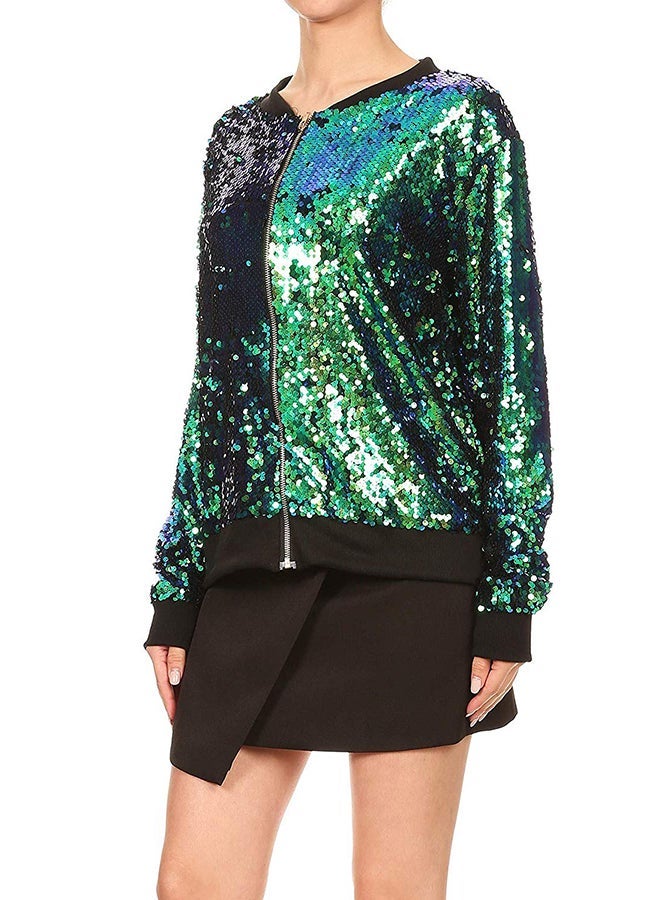NIBEMINENT Long Sleeve Zipper Glitter Coat Green  - Image 3