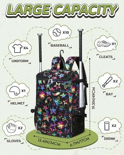 FOKDUVB Baseball Softball Gear Bag Backpack for Boys Girls Ages 812 1214 Large Kids Youth Bat Bag with Ventilated Shoe Compartment Baseball Softball Players Stuff Supplies BlackGreen Star - Image 3