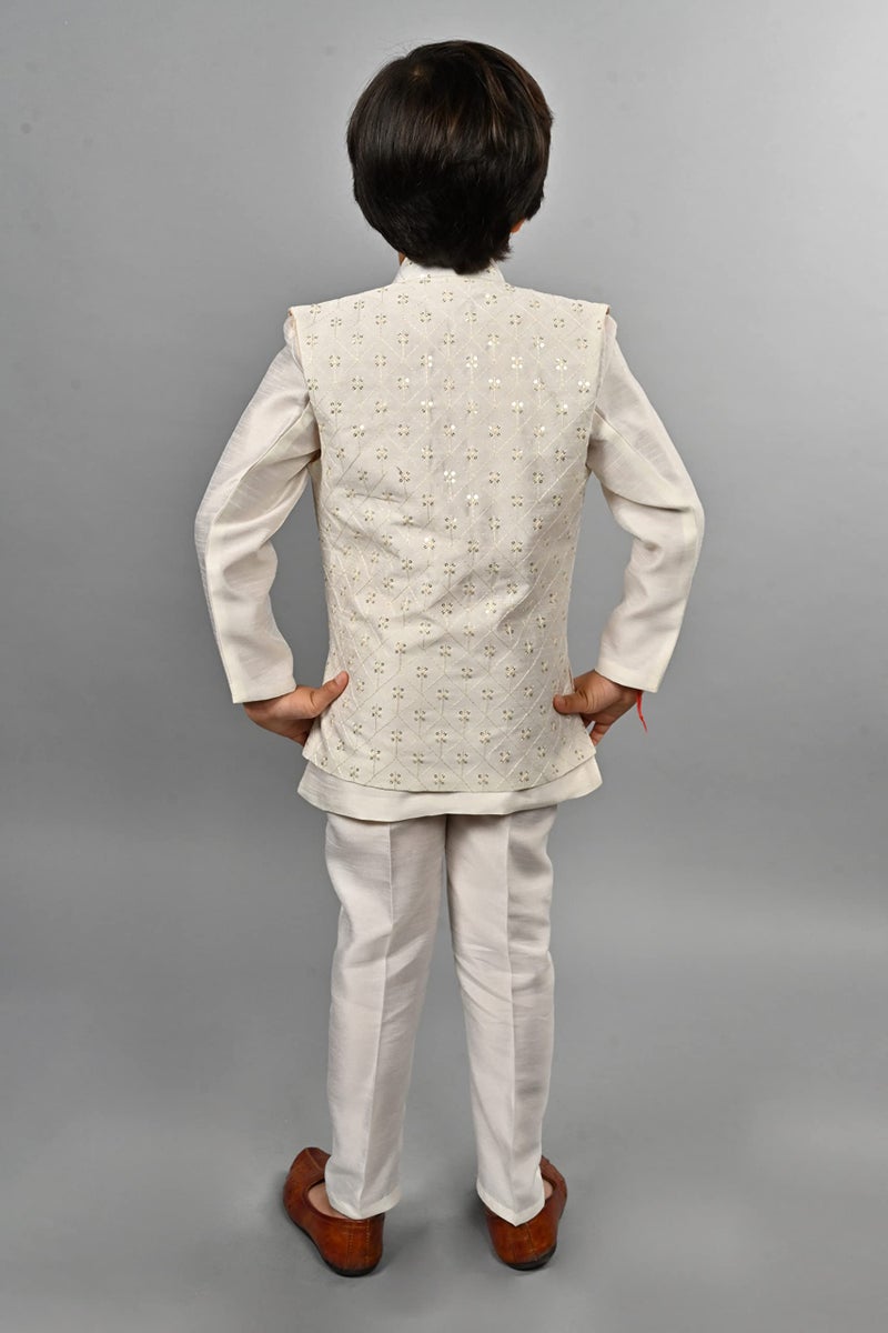 AHHAAAA Kids Ethnic Silk Blend Solid Indo-Western Sherwani Set For Boys (Cream, 5-6 Years) 504 - Image 3