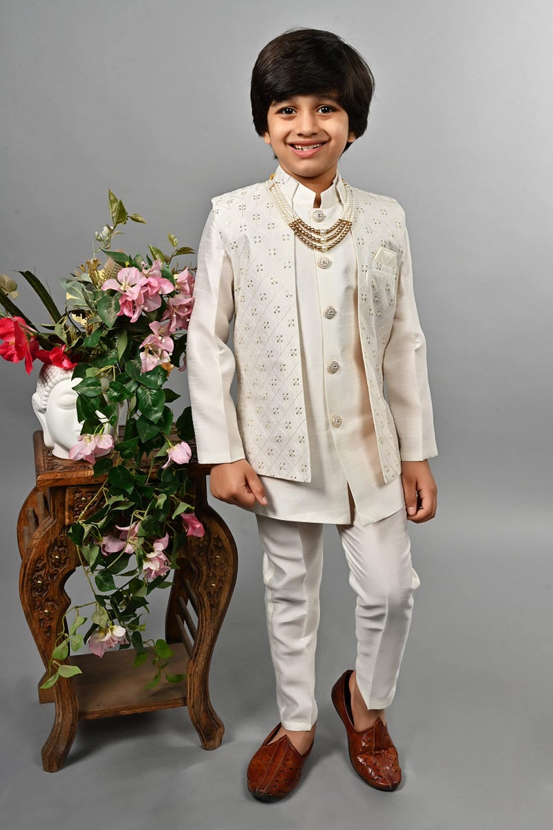 AHHAAAA Kids Ethnic Silk Blend Solid Indo-Western Sherwani Set For Boys (Cream, 5-6 Years) 504 - Image 2
