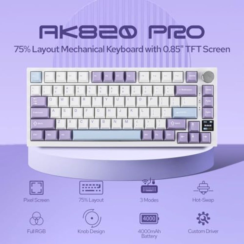 EPOMAKER Ajazz AK820 Pro 75 Mechanical Keyboard Gasket-Mounted Keyboard with TFT Smart DisplayKnob Bluetooth 5.1 2.4G Wireless Type-C Wired Custom White Purple Ajazz Gift Switch - Image 2