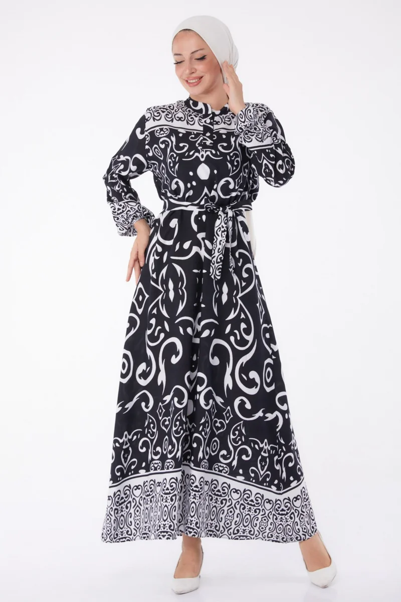 Tofisa Plain Judge Collar Women's Black Patterned Belted Dress - 26014