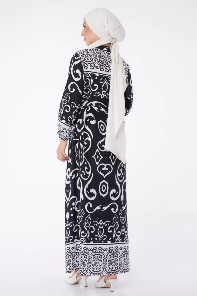 Tofisa Plain Judge Collar Women's Black Patterned Belted Dress - 26014