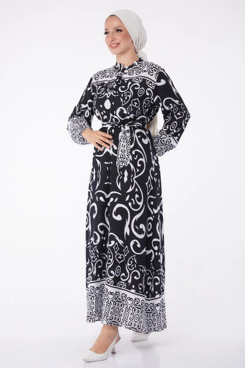 Tofisa Plain Judge Collar Women's Black Patterned Belted Dress - 26014