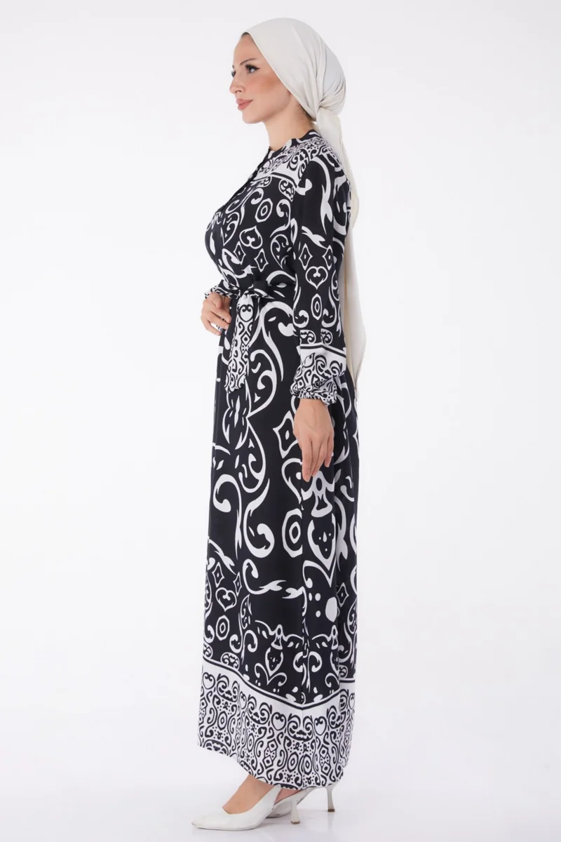 Tofisa Plain Judge Collar Women's Black Patterned Belted Dress - 26014