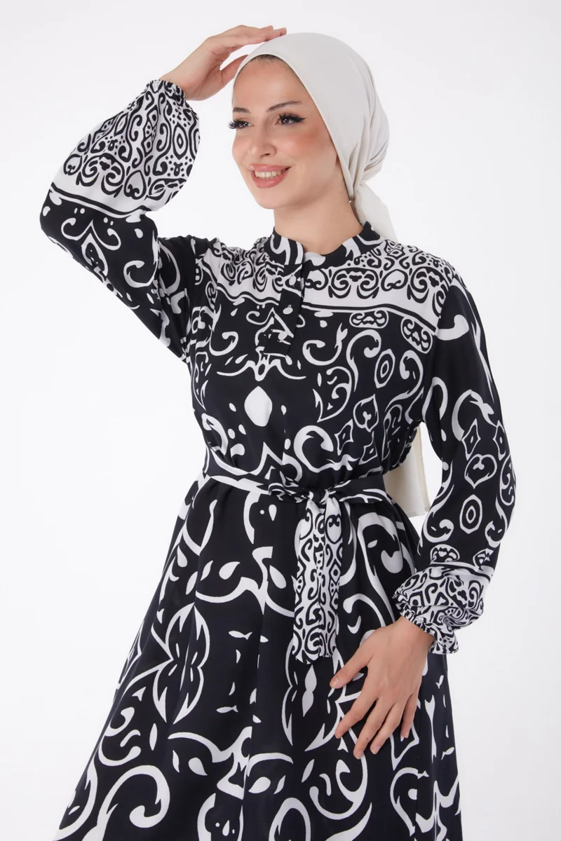 Tofisa Plain Judge Collar Women's Black Patterned Belted Dress - 26014