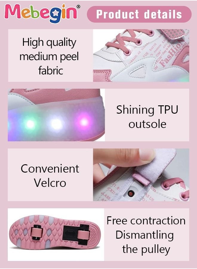 MEBEGIN - Retractable Roller Kids Shoes with Wheels LED Light Color Shoes Shiny Roller Skates Skate Shoes Simple Kids Gifts Boys Girls The Best Gift for Party Birthday Pink - Image 1