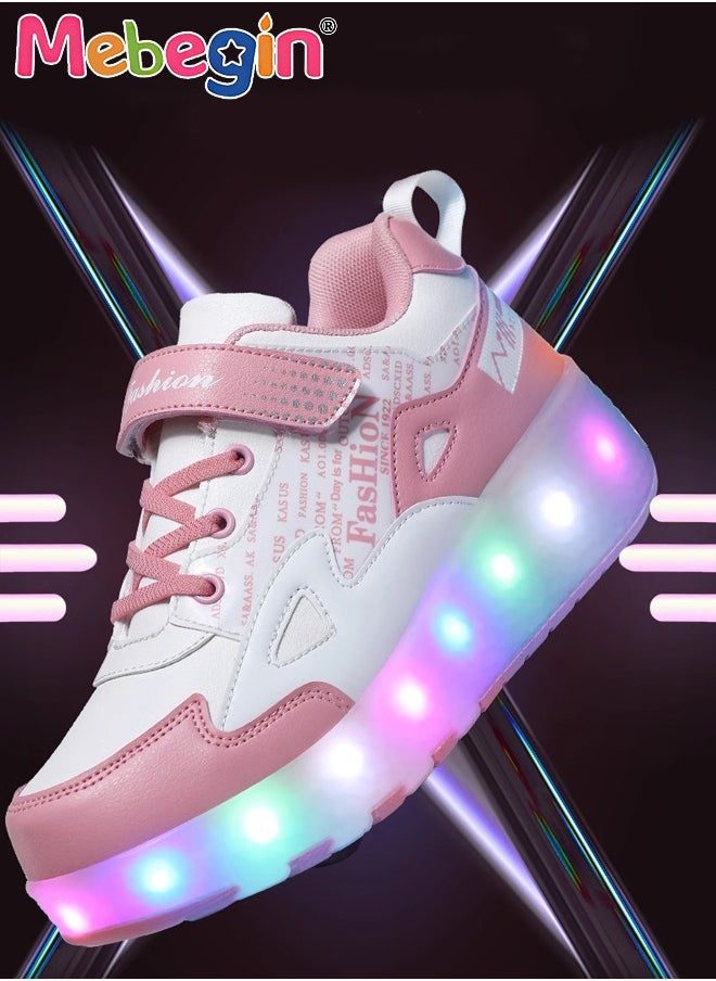 MEBEGIN - Retractable Roller Kids Shoes with Wheels LED Light Color Shoes Shiny Roller Skates Skate Shoes Simple Kids Gifts Boys Girls The Best Gift for Party Birthday Pink - Image 1