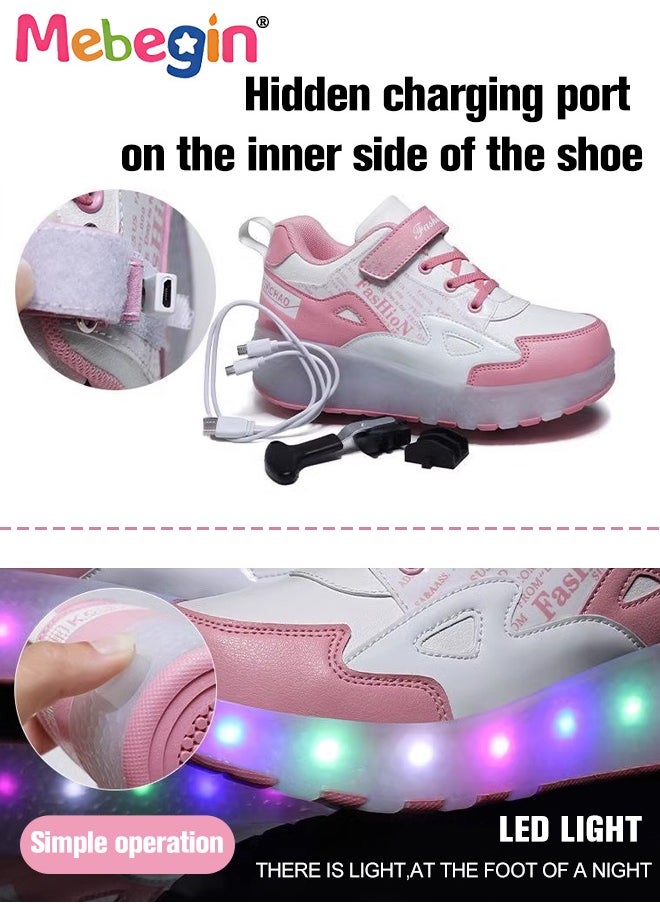 MEBEGIN - Retractable Roller Kids Shoes with Wheels LED Light Color Shoes Shiny Roller Skates Skate Shoes Simple Kids Gifts Boys Girls The Best Gift for Party Birthday Pink - Image 1