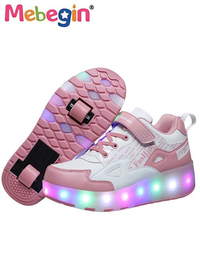 MEBEGIN - Retractable Roller Kids Shoes with Wheels LED Light Color Shoes Shiny Roller Skates Skate Shoes Simple Kids Gifts Boys Girls The Best Gift for Party Birthday Pink - Image 1