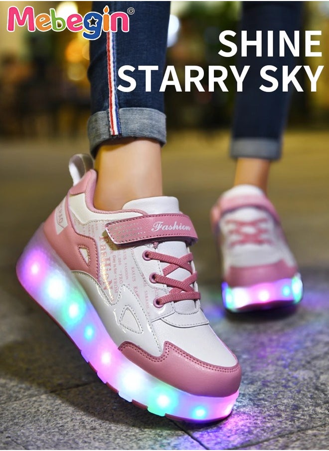 MEBEGIN - Retractable Roller Kids Shoes with Wheels LED Light Color Shoes Shiny Roller Skates Skate Shoes Simple Kids Gifts Boys Girls The Best Gift for Party Birthday Pink - Image 1
