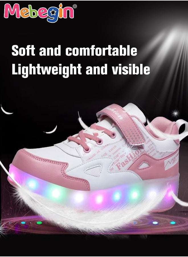 MEBEGIN - Retractable Roller Kids Shoes with Wheels LED Light Color Shoes Shiny Roller Skates Skate Shoes Simple Kids Gifts Boys Girls The Best Gift for Party Birthday Pink - Image 1