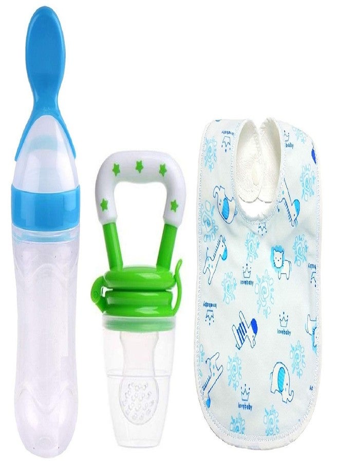 Lappu Baby Food Feeder 90ml and Baby Food Fruit Nibbler Pacifier with Baby Waterproof Soft Bib - (Blue-Green) - Image 1