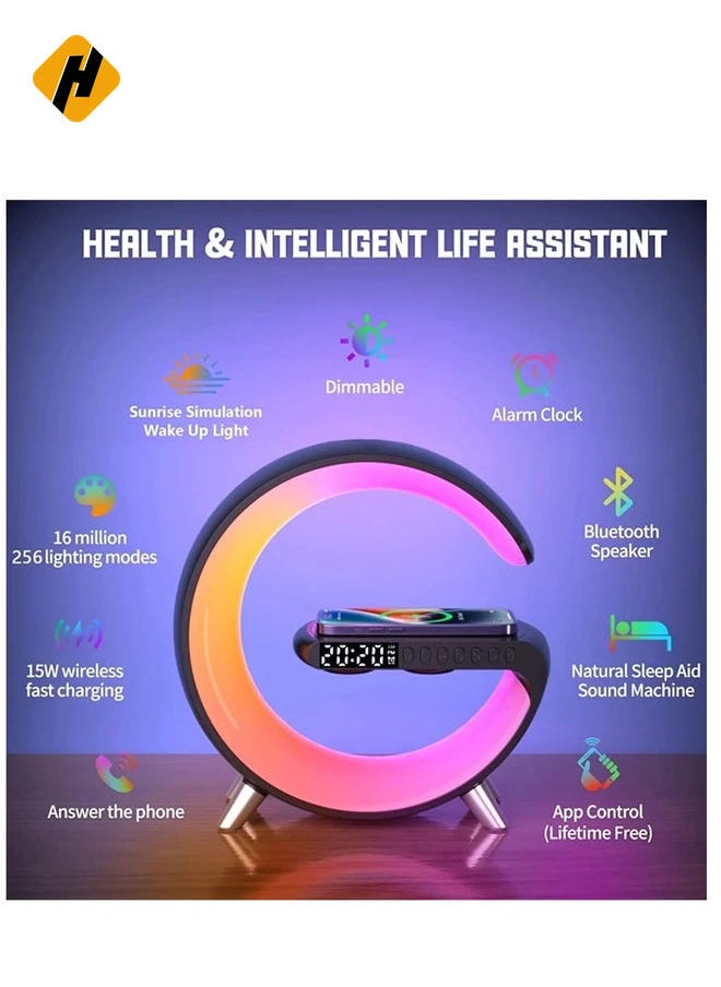 HuHa - Wireless Charger Atmosphere Lamp, RGB Color Changing Mood Light with Time Display, 256 Modes and 16 Million Light Colors, Bluetooth Speaker Desk Lamp with Alarm Clock, Ideal Choice for Friends - Image 1