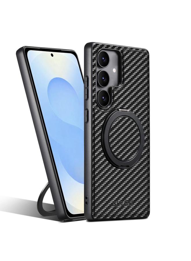 Suteni Case For Samsung Galaxy S25+ 5G G3 Carbon Fiber Leather 360 Rotation Holder MagSafe Phone Case - Image 1