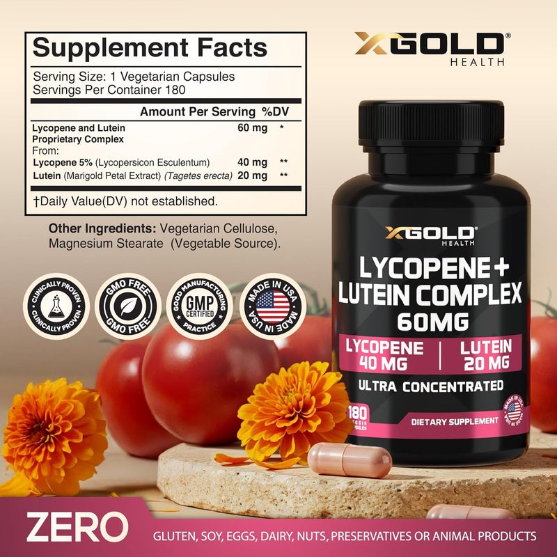 X Gold Health Lycopene  Lutein Supplement 60mg  Lycopene 40mg from Tomato  Lutein 20mg from Marigold Extract  2in1 UltraConcentrated Health Supplements  NonGMO  Gluten Free  180 Veggie Caps Made in USA - Image 2