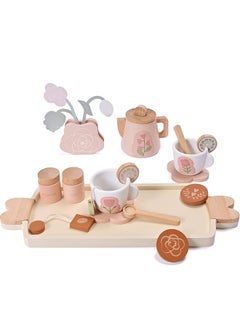 Beauenty Wooden Tea Set for Little Girls Wooden Toys Toddler Tea Set Play Kitchen Accessories for Kids Tea Party with Play Food Montessori Toys for 3 Year Old  - Image 1