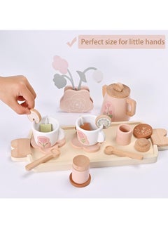 Beauenty Wooden Tea Set for Little Girls Wooden Toys Toddler Tea Set Play Kitchen Accessories for Kids Tea Party with Play Food Montessori Toys for 3 Year Old  - Image 2