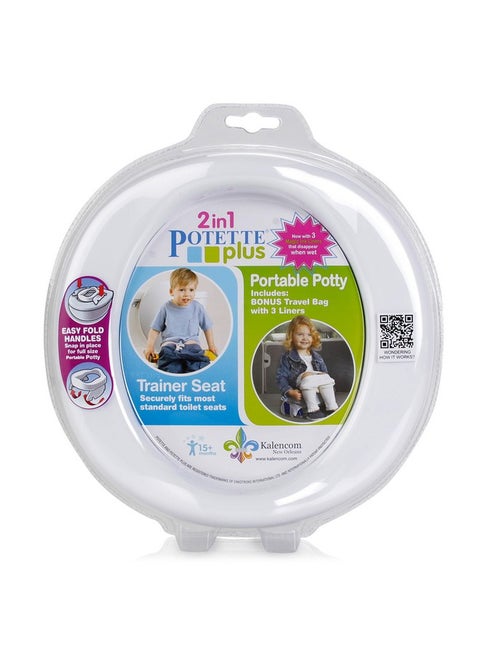 Kalencom Potette Plus 2-in-1 Travel Potty and Trainer Seat - Dual-Purpose Potty Training Toilet Seat - Portable Potty for Toddler Travel - with Durable, Lock-in Legs and Splash Guard - White/Gray