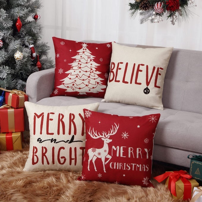 CHRISTMAS DECORATION PILLOW COVERS 18 X18 SET OF 4 FARMHOUSE DECORATIVE THROW PILLOWS FOR HOME DEER RUSTIC XMAS TREE PILLOW CASES WINTER HOLIDAY DECOR THROW CUSHION CASES FOR SOFA COUCH