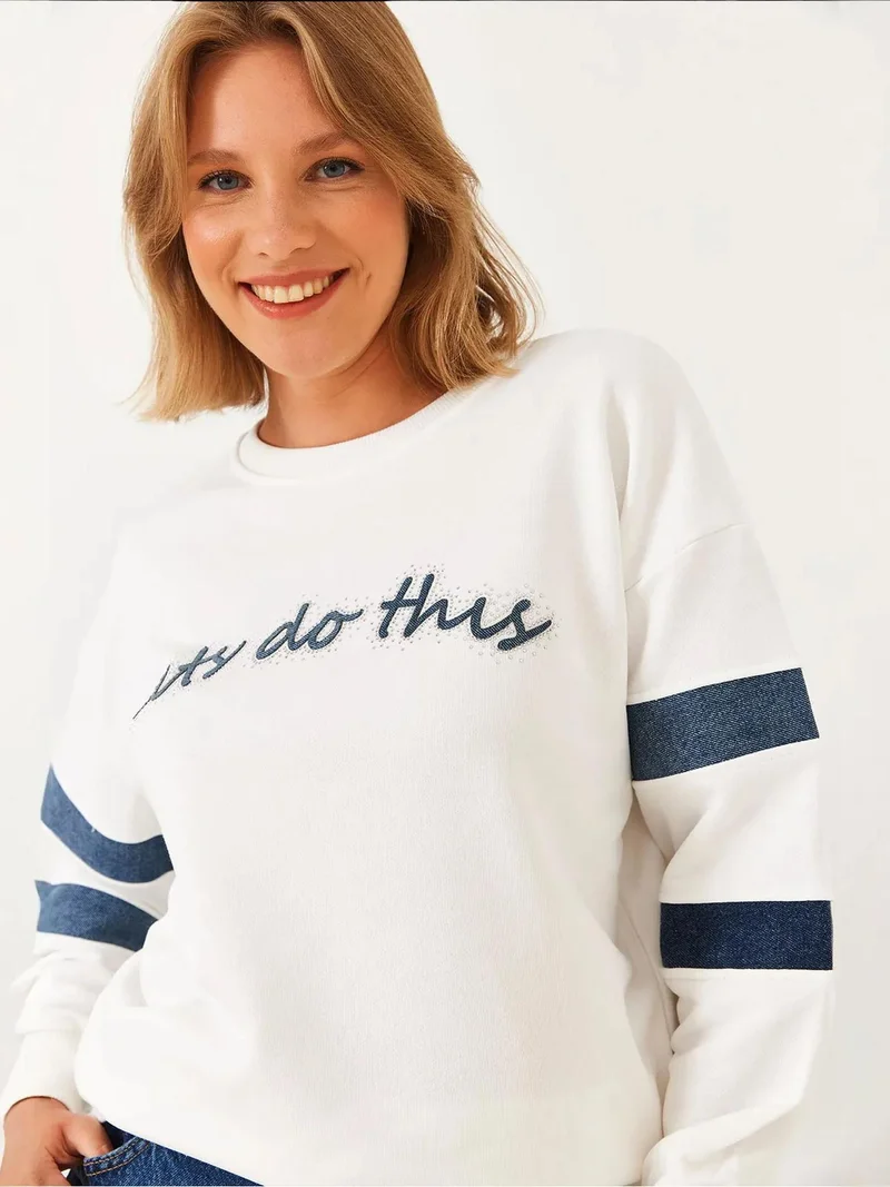 Bianco Lucci LUCCI Striped Embroidered Crew Neck Sweatshirt