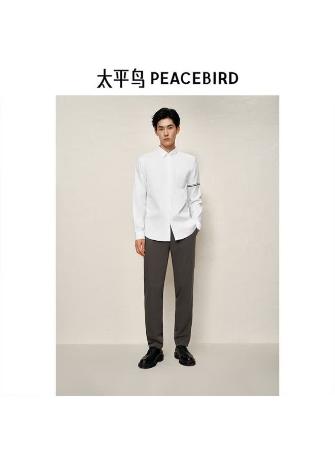 Peacebird Men's Striped Casual Shirt White Long Sleeve XL