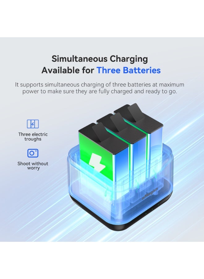 aMagisn قاعدة شحن بطارية Hero13 – شاحن سريع بثلاث فتحات مع تحكم ذكي في الطاقة وتخزين بطاقات MicroSD، تصميم مدمج وآمن لبطاريات الكاميرا - Image 3