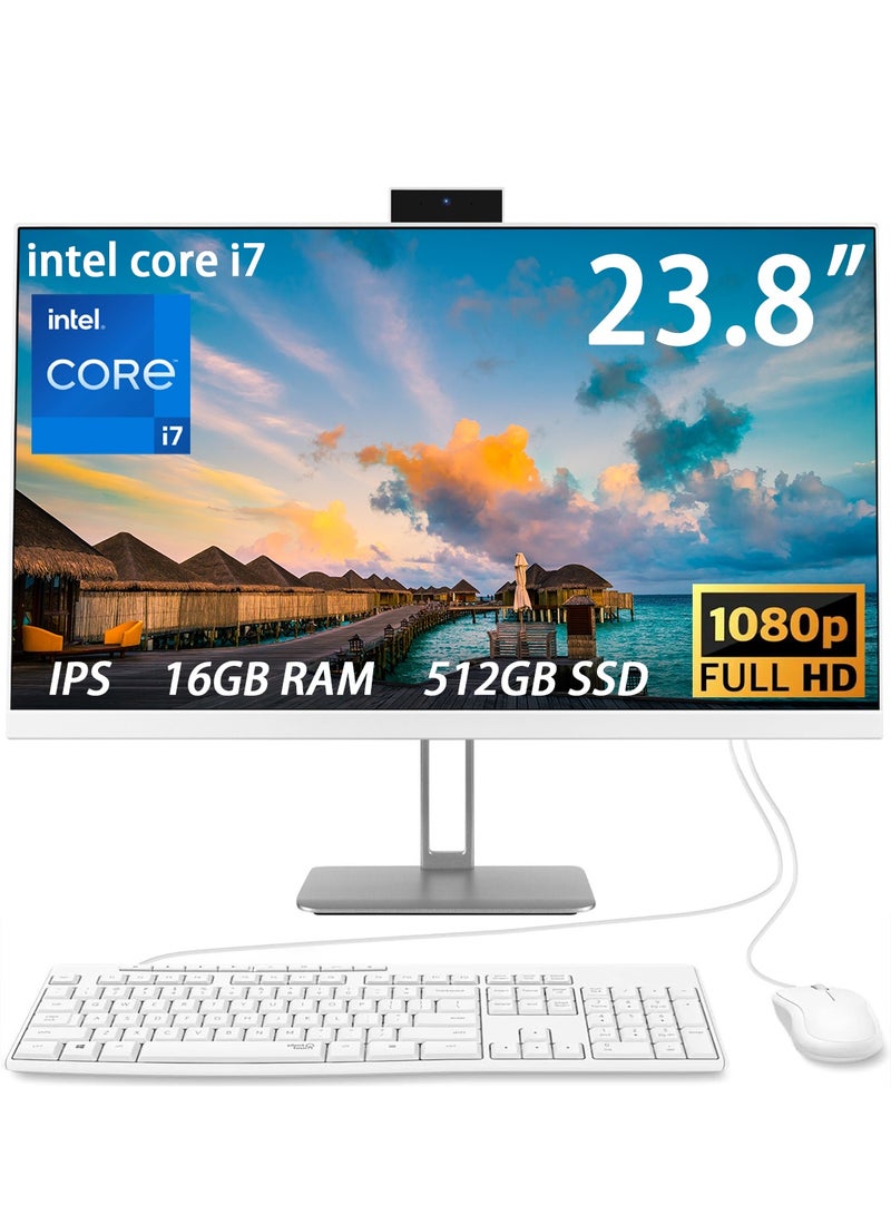 HILUKE 23.8" FHD All-in-One Desktop Computer, Intel 4-Core Processor i7-7700, 16GB RAM, 512GB PCIe SSD, HDMI, WiFi, Bluetooth, Business AIO, Vent-Hear, Keyboard & Mouse, Windows 10 Pro,300w pixel cmera english white English white - Image 1