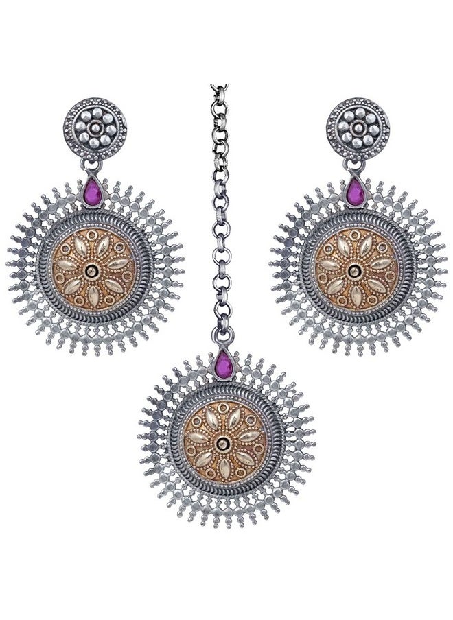 Aheli Oxidized Ethnic Dangle Jhumka Jhumki Earrings With Maang Tikka Faux Stone Studded Vintage Inspired Tribal Old Fashioned Bollywood Antique Jewelry For Women (Redboho Intricate Floral Carving)  - Image 1