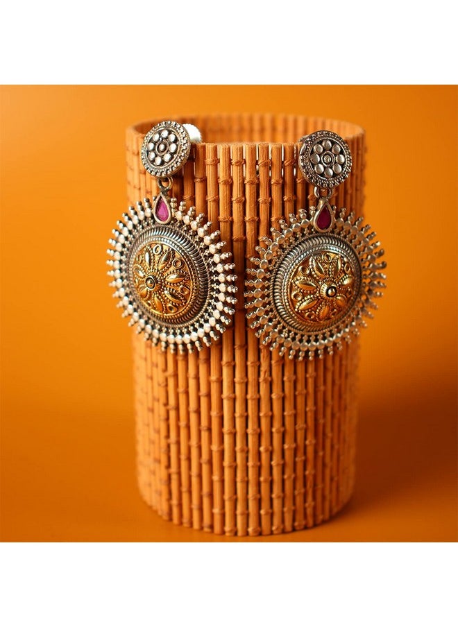 Aheli Oxidized Ethnic Dangle Jhumka Jhumki Earrings With Maang Tikka Faux Stone Studded Vintage Inspired Tribal Old Fashioned Bollywood Antique Jewelry For Women (Redboho Intricate Floral Carving)  - Image 4