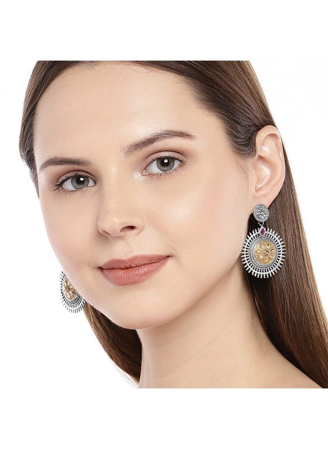 Aheli Oxidized Ethnic Dangle Jhumka Jhumki Earrings With Maang Tikka Faux Stone Studded Vintage Inspired Tribal Old Fashioned Bollywood Antique Jewelry For Women (Redboho Intricate Floral Carving)  - Image 3