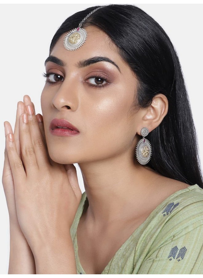 Aheli Oxidized Ethnic Dangle Jhumka Jhumki Earrings With Maang Tikka Faux Stone Studded Vintage Inspired Tribal Old Fashioned Bollywood Antique Jewelry For Women (Redboho Intricate Floral Carving)  - Image 2